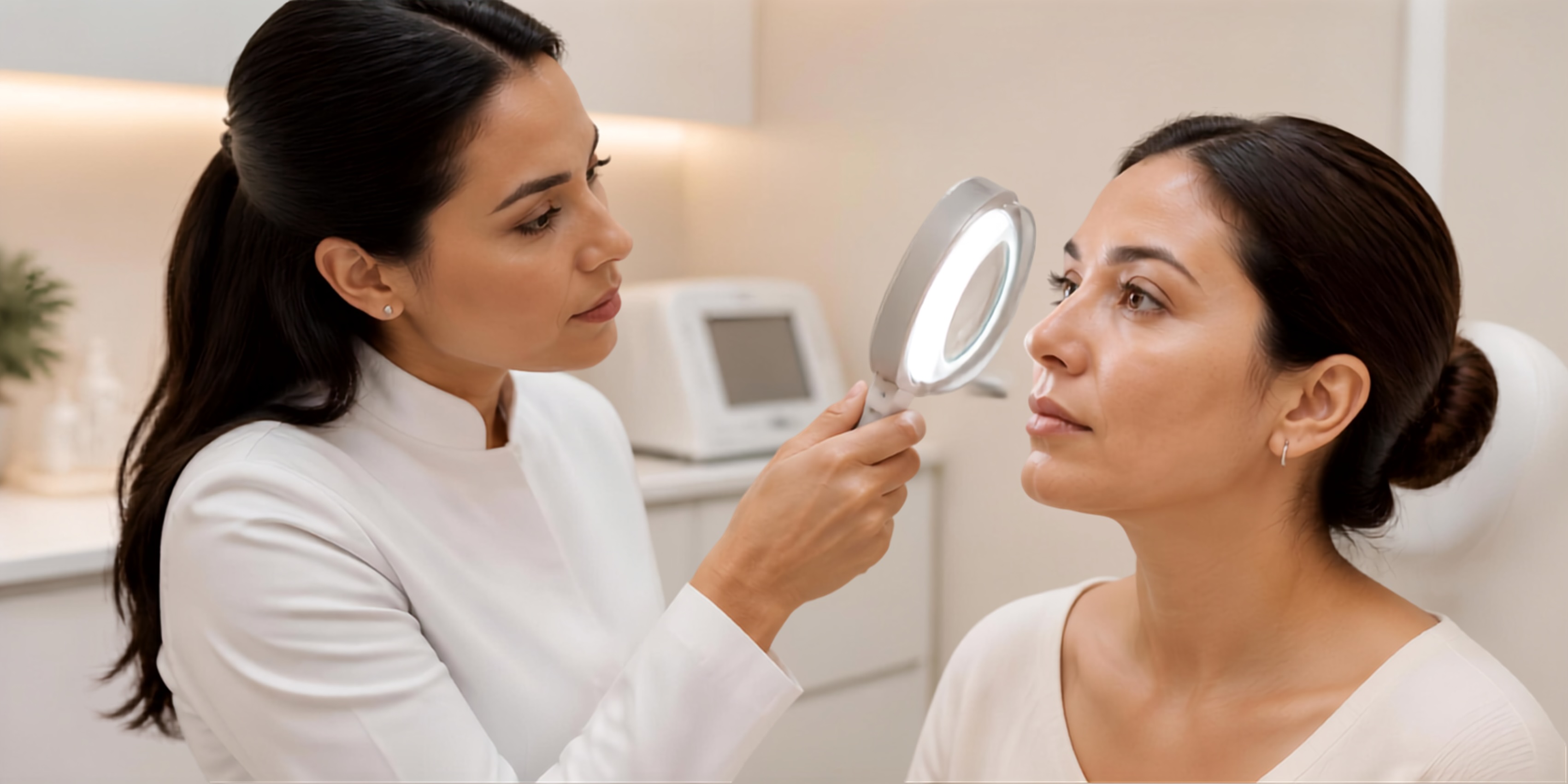 Especialista evaluando el contorno de ojos de una paciente antes del tratamiento