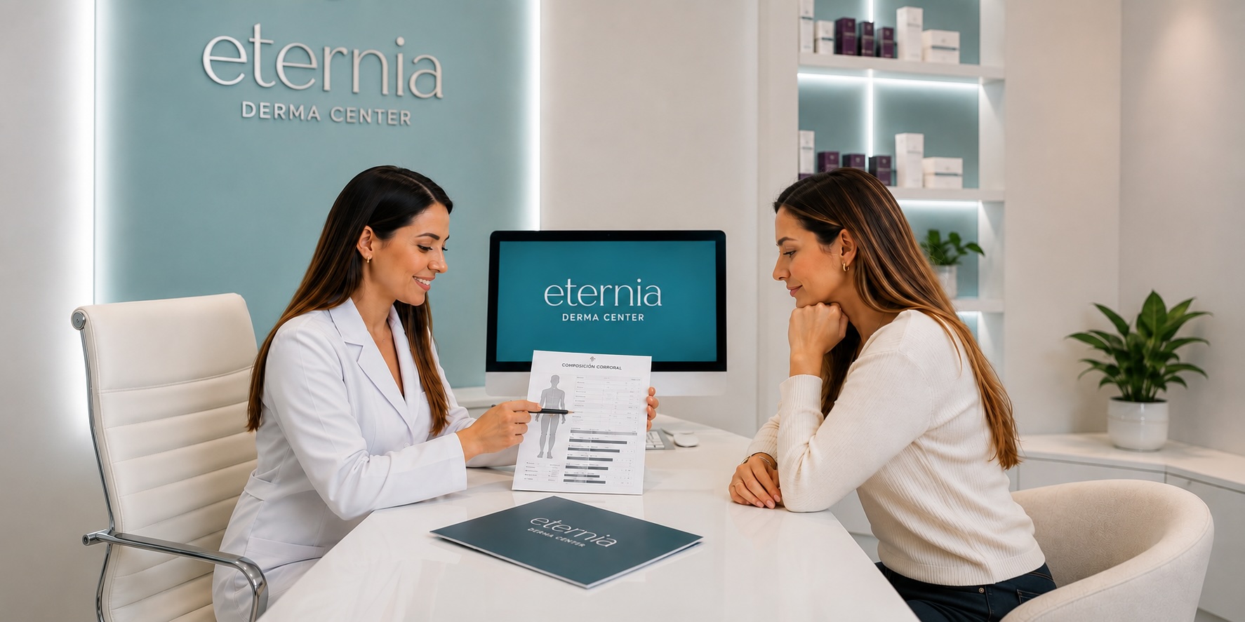 Médica realizando evaluación de composición corporal para tratamiento de medicina metabólica en Quito.
