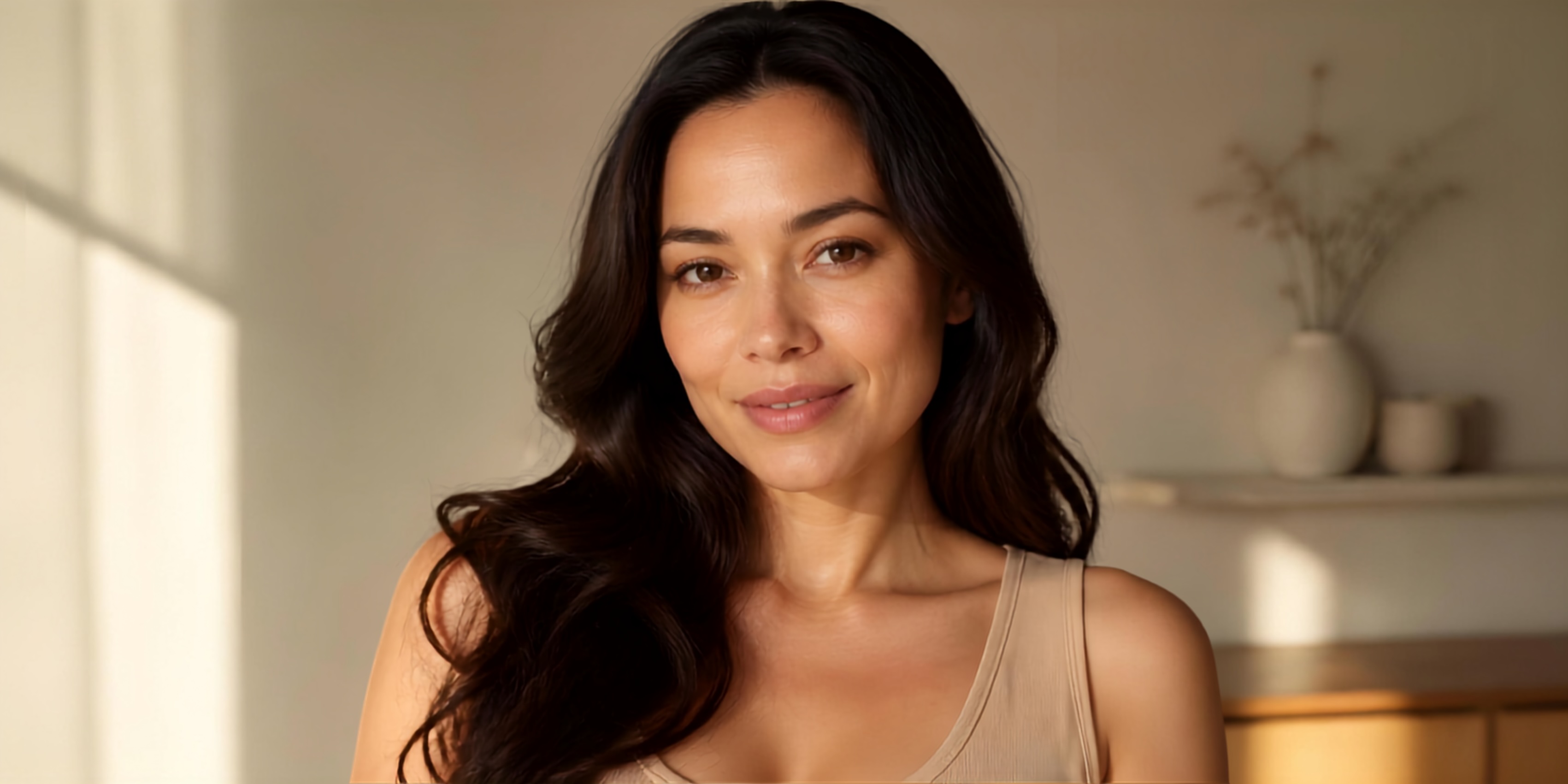 Mujer con mirada descansada y apariencia natural del contorno de ojos