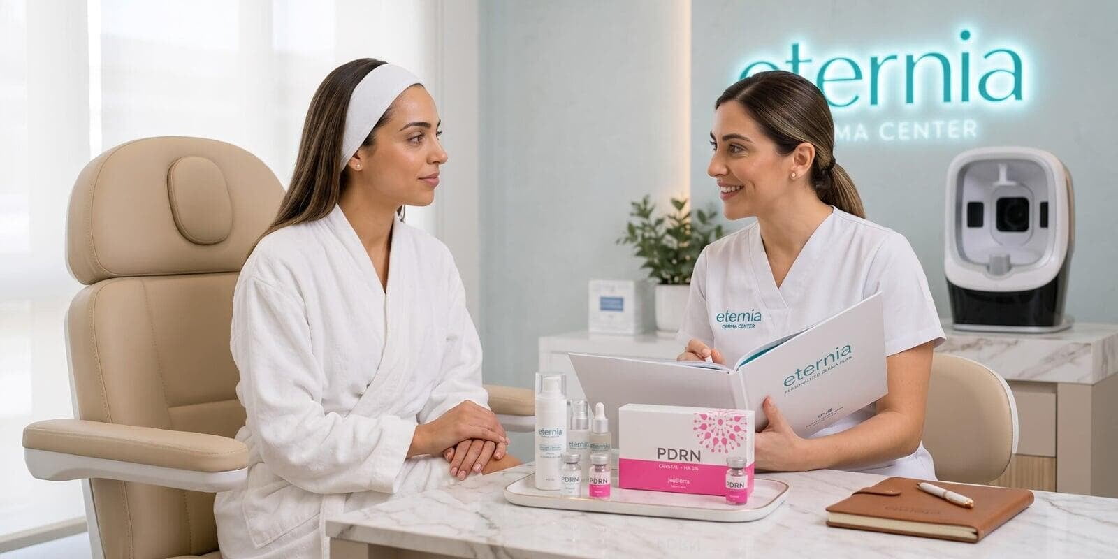 Profesional explica el protocolo de limpieza facial con PDRN en Eternia Derma Center