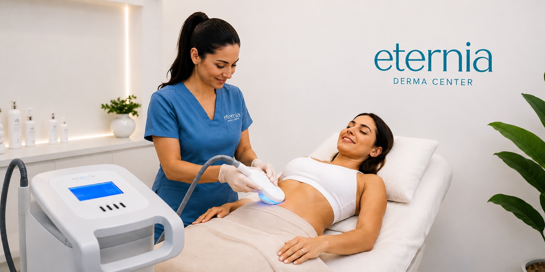 Paciente recibiendo tratamiento de radiofrecuencia en el abdomen realizado por una especialista en Eternia Derma Center.