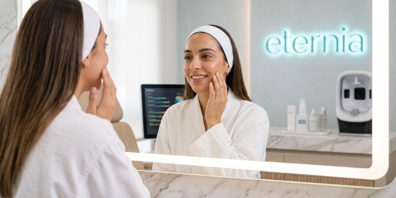 Paciente observa una piel luminosa después de una limpieza facial regeneradora