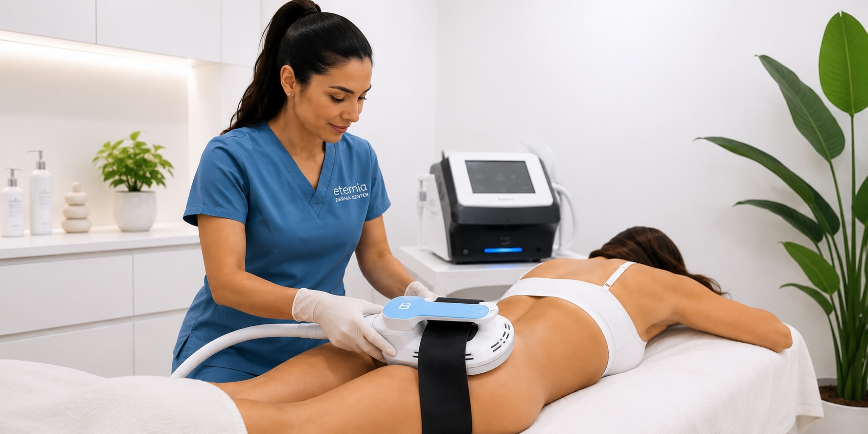 Especialista en Eternia Derma Center aplicando tratamiento de tonificación y estimulación muscular en glúteos a una paciente.
