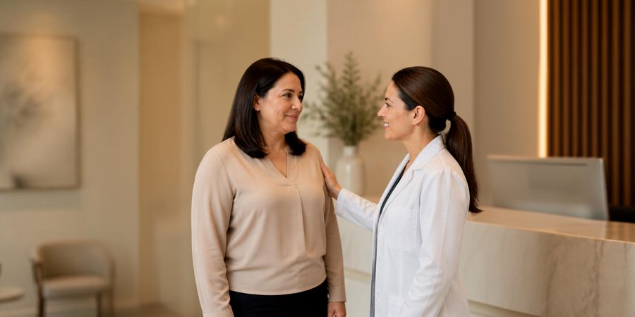 Paciente conversa con una médica durante una valoración del contorno facial.